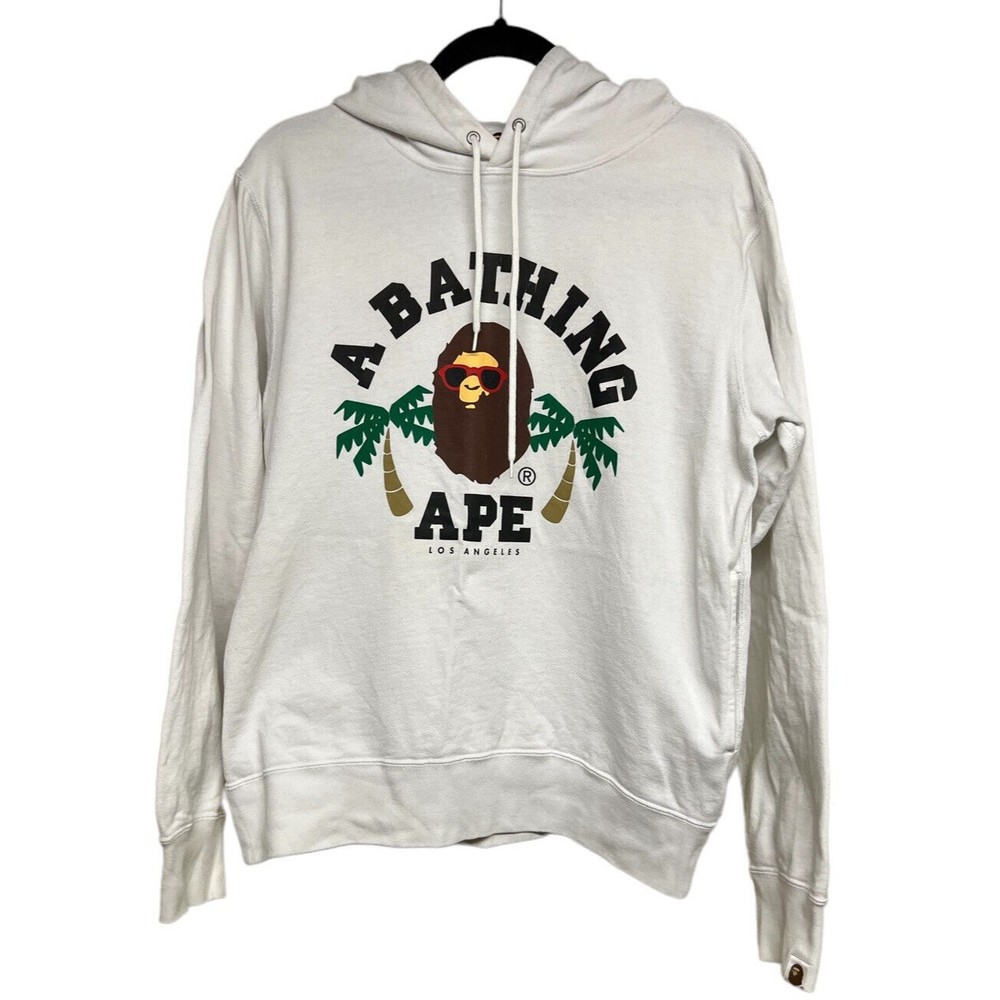 A Bathing Ape Logo W/Palm Trees‎ Hooded Sweatshirt White Women’s Size Large